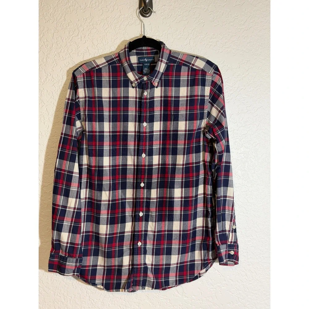 Ralph Lauren Button Down Shirt Red XL Boys Plaid Long Sleeve Slim Fit